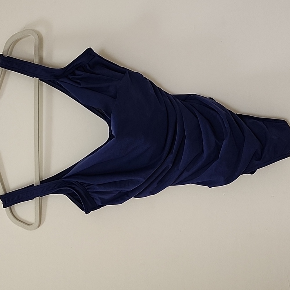 Miraclesuit CoastalSanibel OnePiece Swimsuit Sz 14DBlue Ruched Faux Wrap Slimmin - Picture 3 of 16